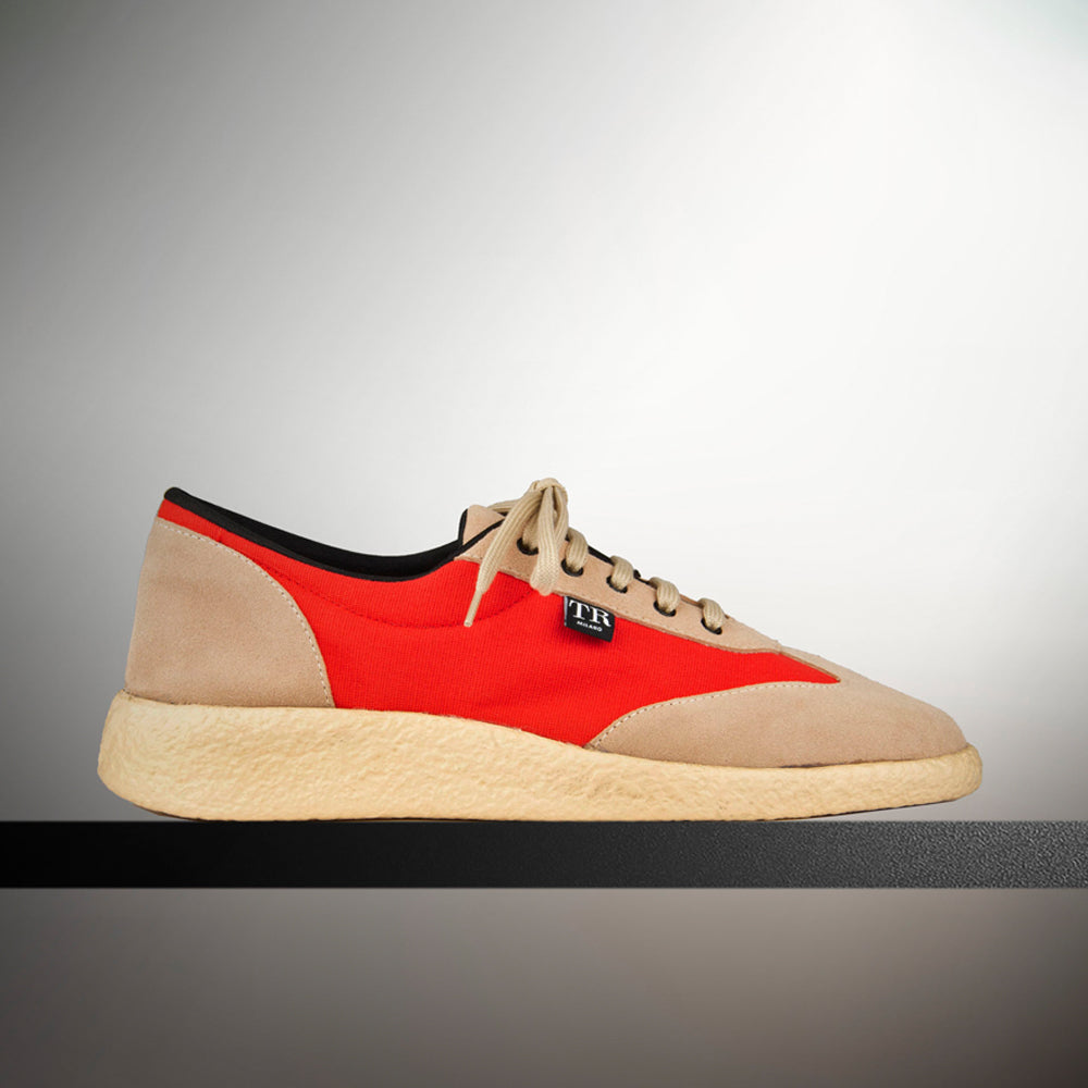 TAUPE SUEDE AND RED FABRIC