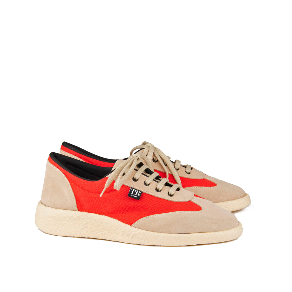 TAUPE SUEDE AND RED FABRIC
