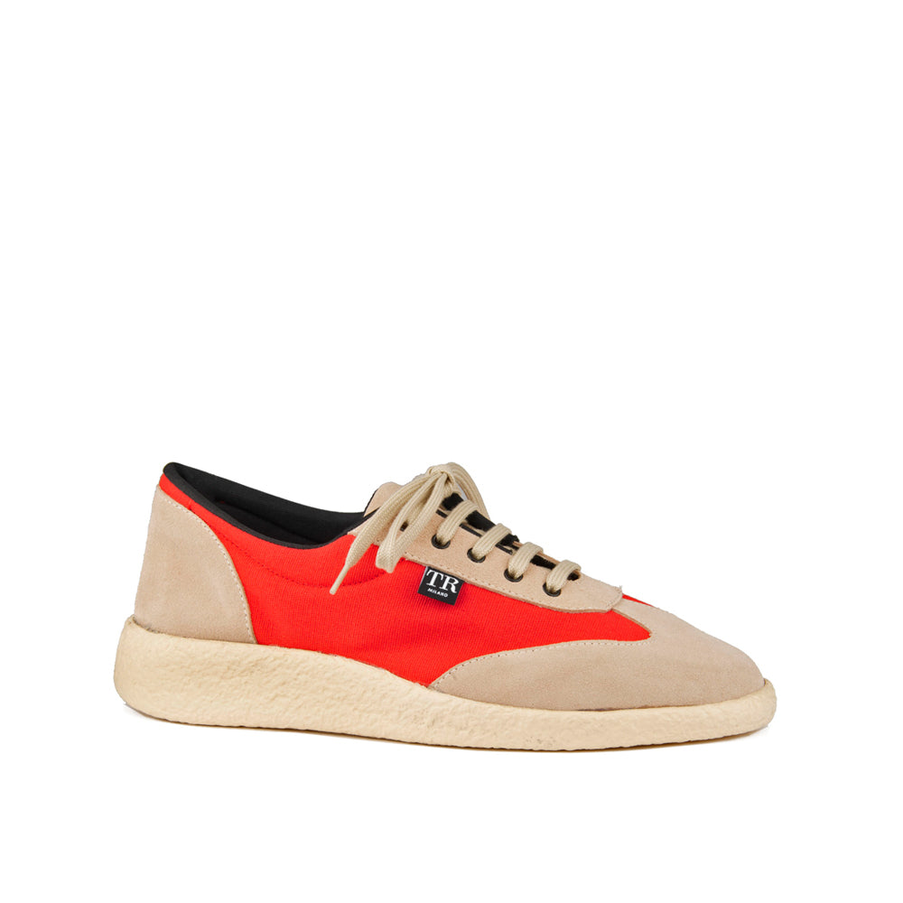 TAUPE SUEDE AND RED FABRIC