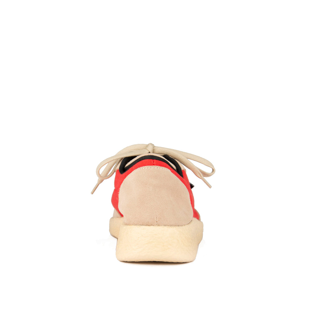 TAUPE SUEDE AND RED FABRIC